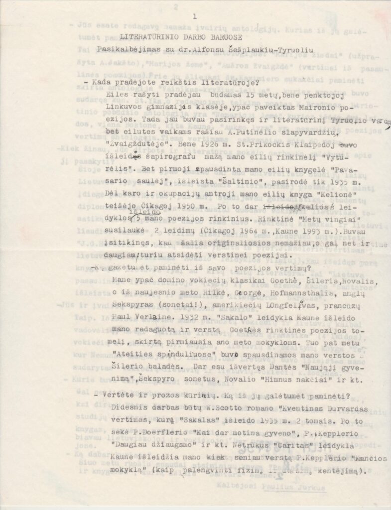 P. Jurkaus interviu su A. Tyruoliu. Literatūrinio darbo baruose. JAV, apie 1994 m. MLLM P 68736