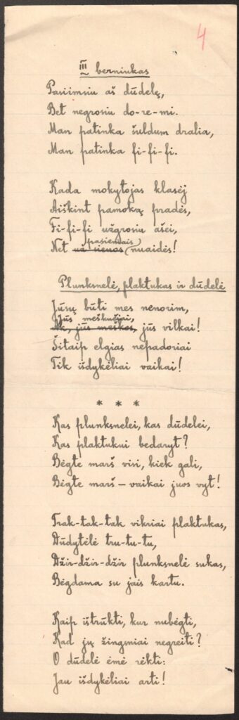 L. Žitkevičiaus eilėraštis „Plunksnelė, plaktukas ir dūdelė“. MLLM 11428 04