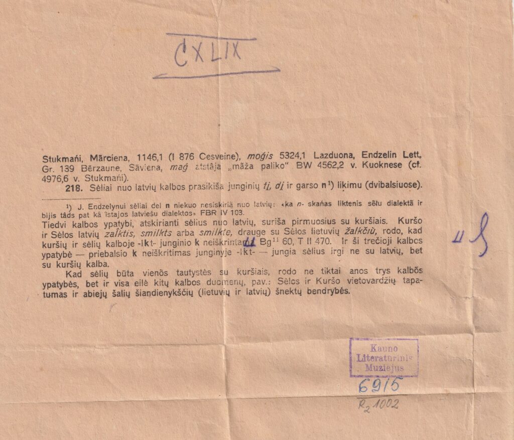 Iškarpa iš Lietuvių kalbos žodyno 2 sąsiuvinio su K. Būgos korektūra. Apie 1924 m. MLLM 6915