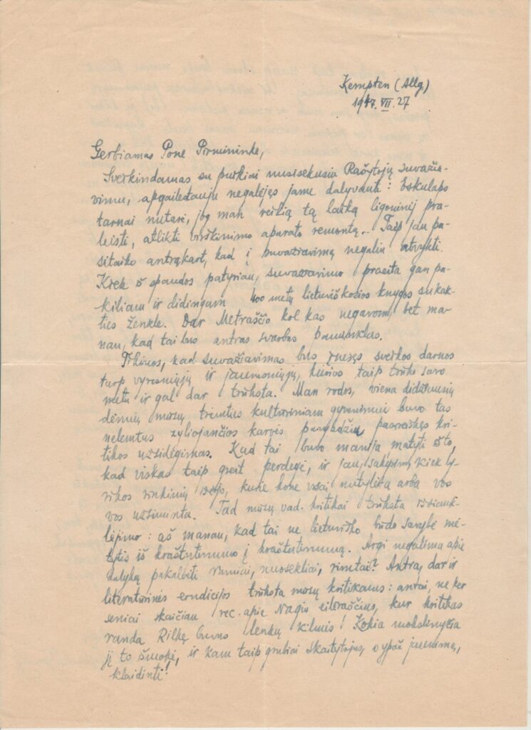 A. Šešplaukio-Tyruolio ranka rašytas laiškas S. Santvarui. Vokietija, 1947-07-27. MLLM 46374