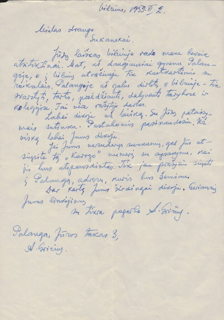 A. Griciaus ranka rašytas laiškas vertėjui A. Sukovskiui. Vilnius, 1959-06-02. MLLM 18576
