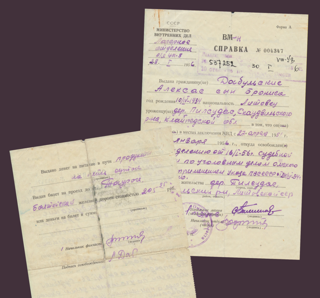 6. Pažyma, išduota A. Dabulskiui dėl paleidimo iš tremties vietos. 1956 01 28. MLLM GEK 139238
