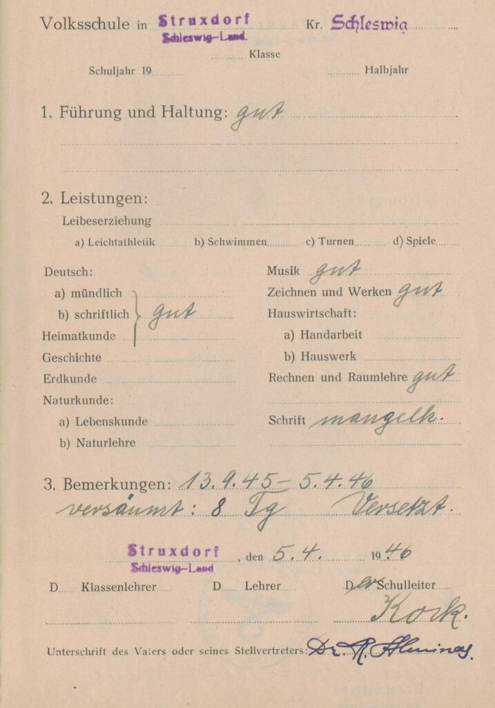 Vokiečių pradinės mokyklos pažymėjimas, išduotas K. Alminui. Štruksdorfas. 1946 m. MLLM 32753