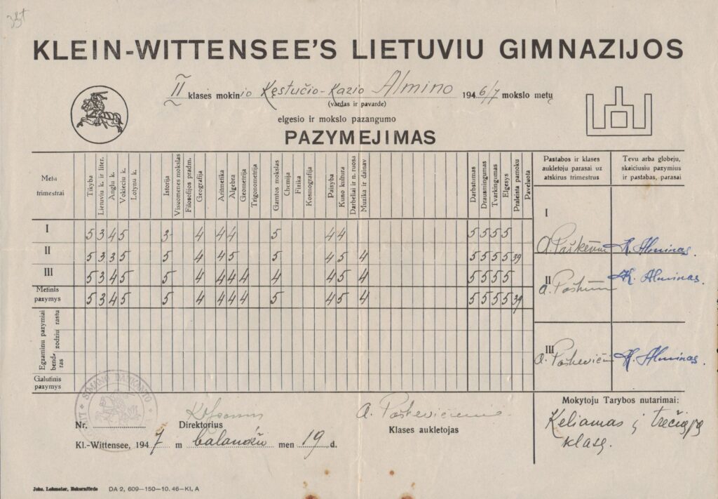 Klein Wittensee‘s lietuvių gimnazijos II klasės mokinio Kęstučio – Kazio Almino 1946/1947 mokslo metų elgesio ir mokslo pažymėjimas. MLLM 32752
