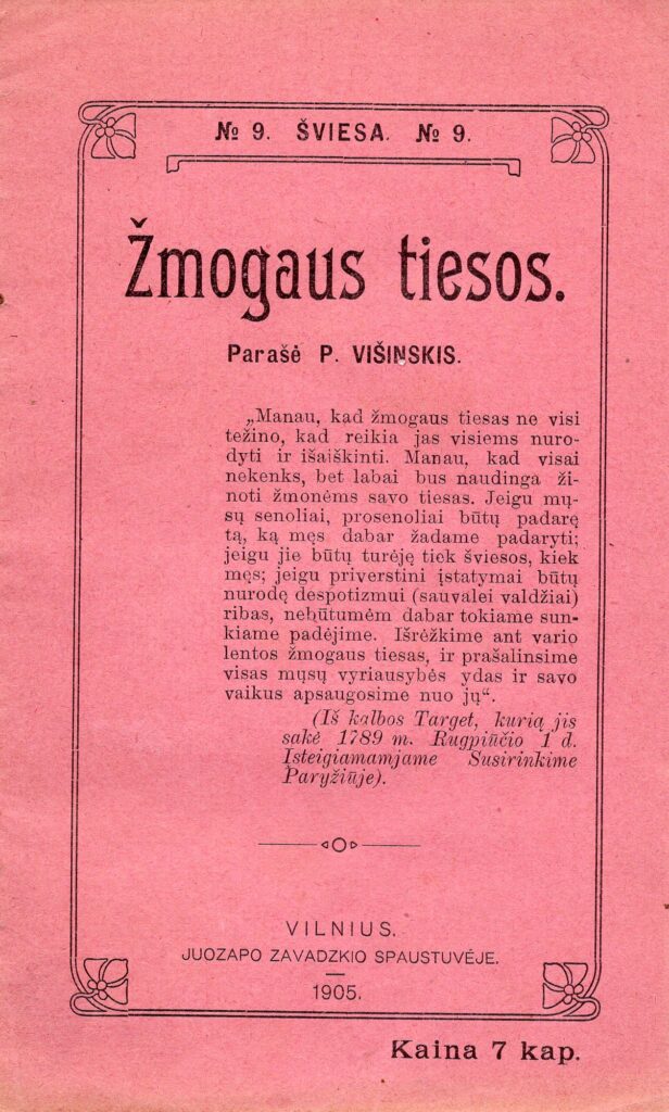 P. Višinskis. Žmogaus tiesos. Vilnius: „J. Zavadskio sp.“,1905. MLLM 17226
