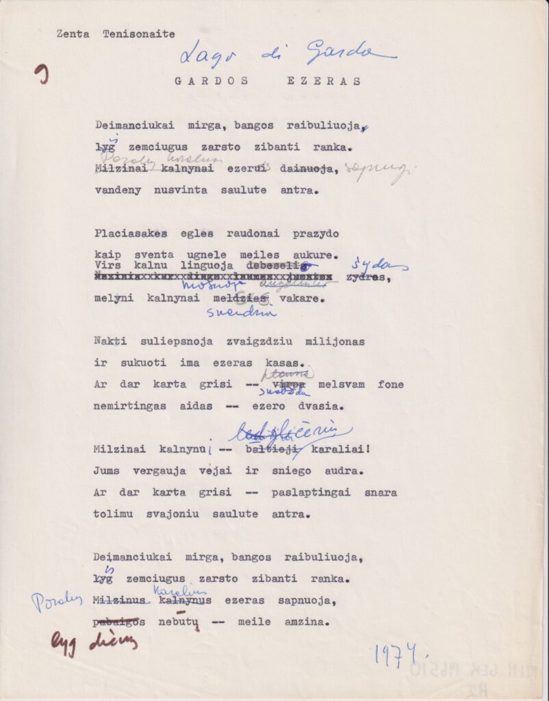 Z. Tenisonaitės kūrybą dažnai įkvėpdavo kelionės. Ji rašydavo ne tik eiles, bet ir kelionių įspūdžius, kurie buvo publikuoti periodikoje. Eilėraštis „Gardos ežeras“ 1974 m. GEK 146510