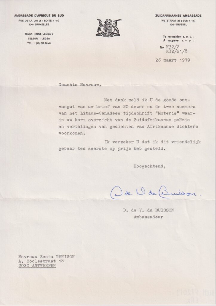 PAR ambasados padėka už straipsnį apie jų poeziją. 1979 03 26. GEK P72019