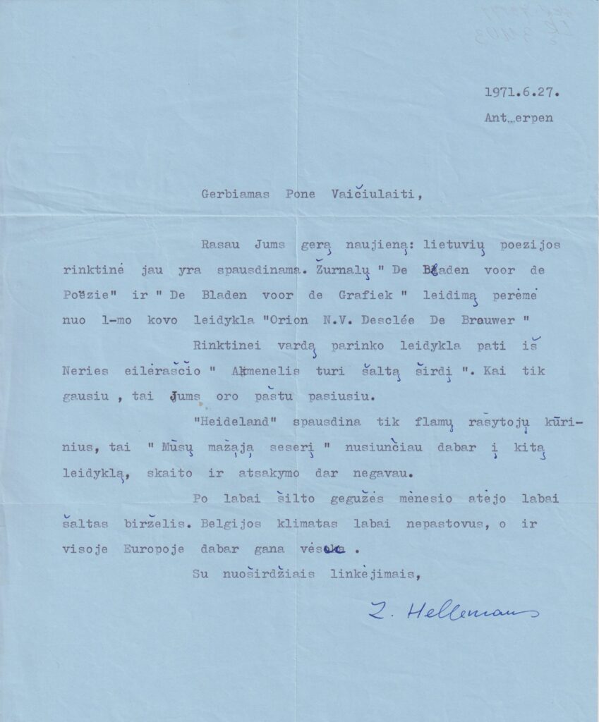 Laiškas A. Vaičiulaičiui apie būsimą vertimų knygą. 1971 06 27. GEK 73171 A. Vaičiulaičio f.
