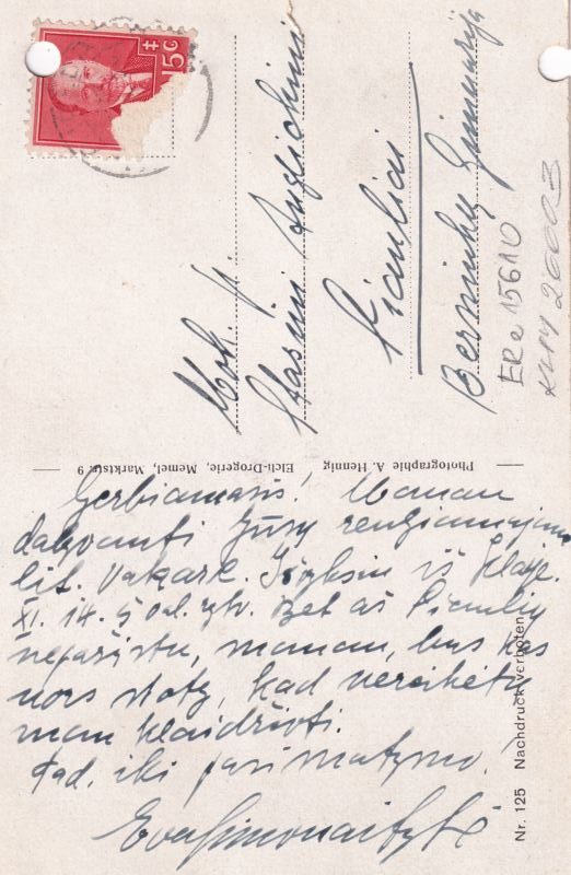 Ievos Simonaitytės laiškas apie sutikimą dalyvauti Stasio Anglickio organizuojamame žemaičių rašytojų literatūros vakare. Klaipėda, 1936 m. MLLM GEK 26603