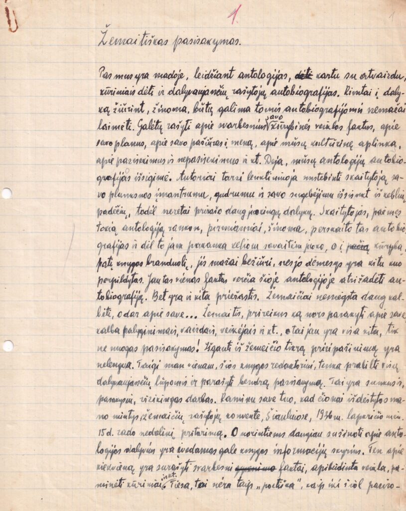 Stasio Anglickio „Žemaitiško pasisakymo“ fragmentas, publikuotas prozos ir poezijos antologijoje „Žemaičiai“. Šiauliai, apie 1938 m. MLLM 109674