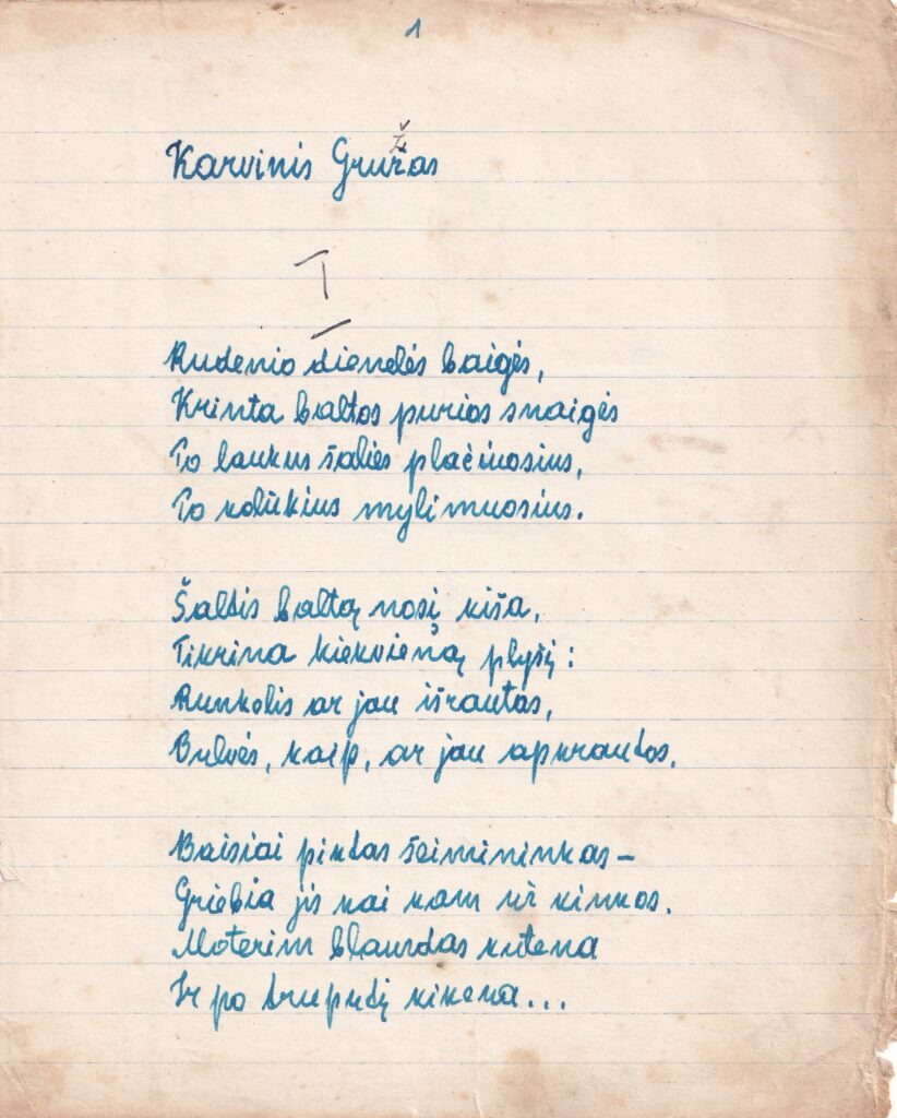 Stasio Anglickio poemos „Karvinis gružas“ fragmentas. Apie 1955–1956 m. MLLM GEK 109673