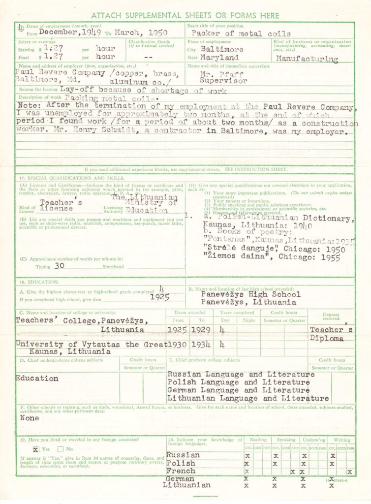 H. Radausko gyvenimo ir darbų aprašymo forma. 1958 07 18. MLLM 148262