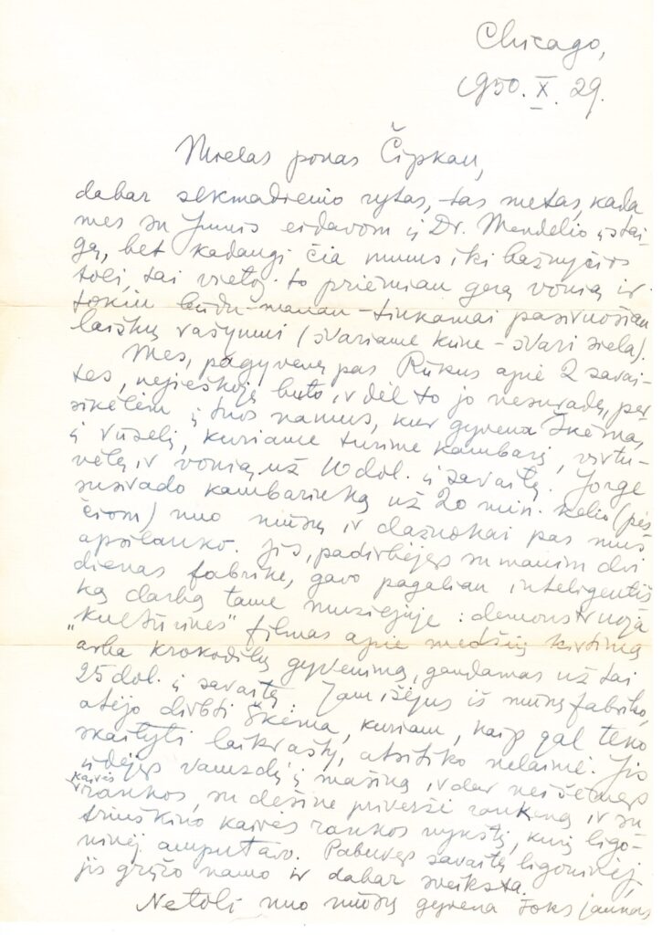 H. Radausko laiškas A. Nykai-Niliūnui. Čikaga, 1950 10 29. MLLM 144199