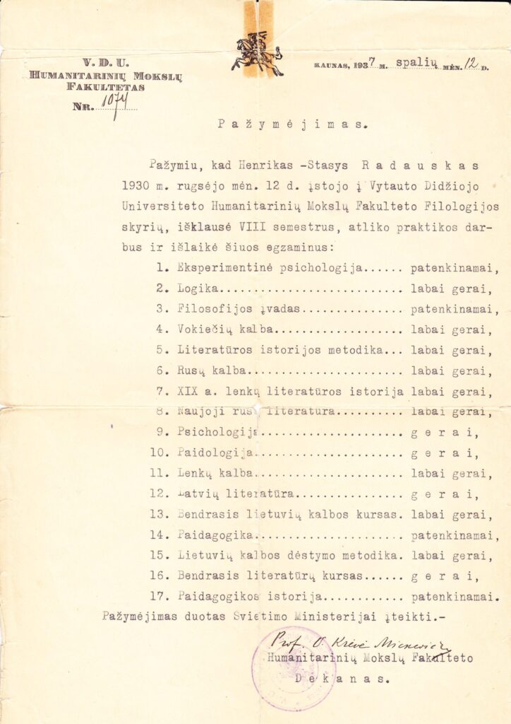 Vytauto Didžiojo universiteto Humanitarinių Mokslų fakultetas. Pažymėjimas Nr. 1074, išduotas H. Radauskui apie jo studijas universitete. Kaunas, 1937 m. spalių mėn. 12 d. Pasirašė Prof. V. Krėvė Mickevičius. MLLM 148252
