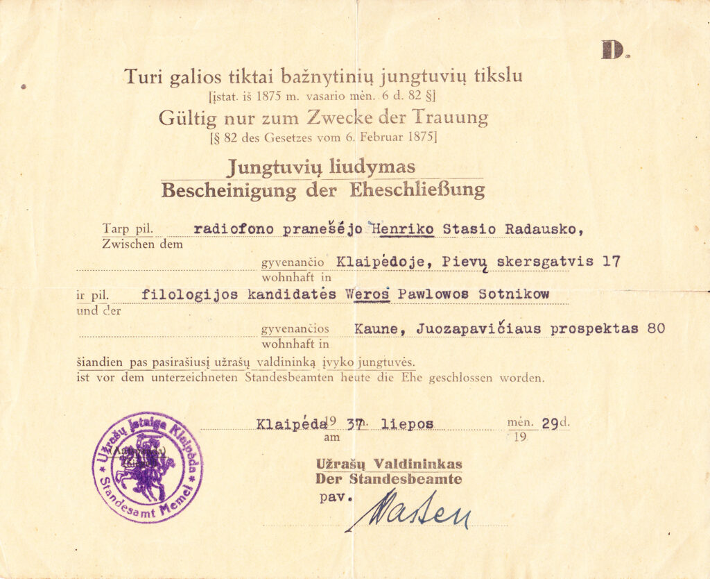 H. Radausko ir V. Sotnikovos jungtuvių liudijimas, išduotas 1929 m. liepos 29 d., Klaipėdoje. MLLM 148251