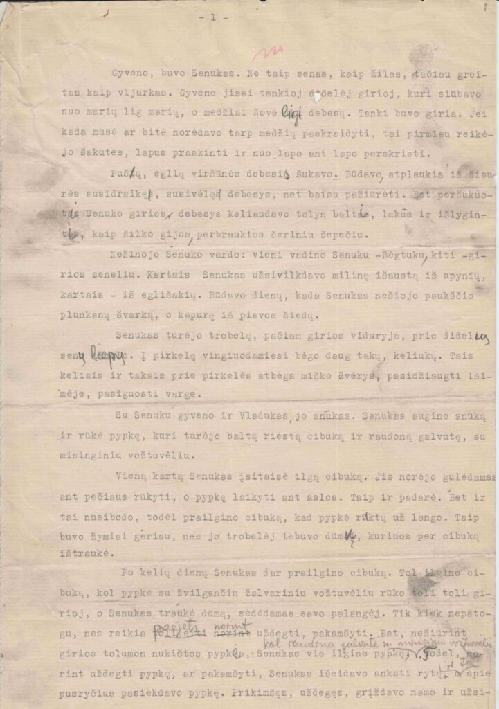 Apysakos „Lapino vestuvės“ mašinraštis su taisymais. Apie 1938 m. MLLM 14270
