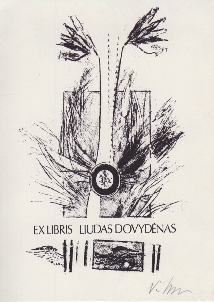 Ex libris Liudas Dovydėnas. Vytautas Osvaldas Virkau. JAV, 1989 m. MLLM 32741