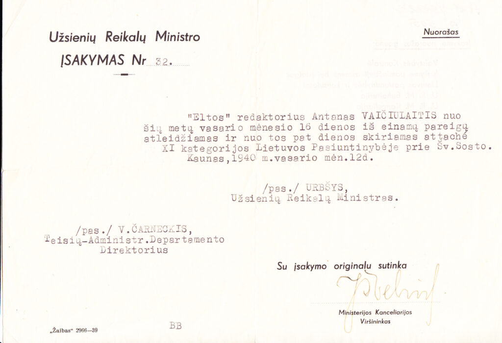 Užsienio reikalų ministro įsakymas dėl A. Vaičiulaičio paskyrimo eiti atache pareigas Vatikane. GEK 75923;