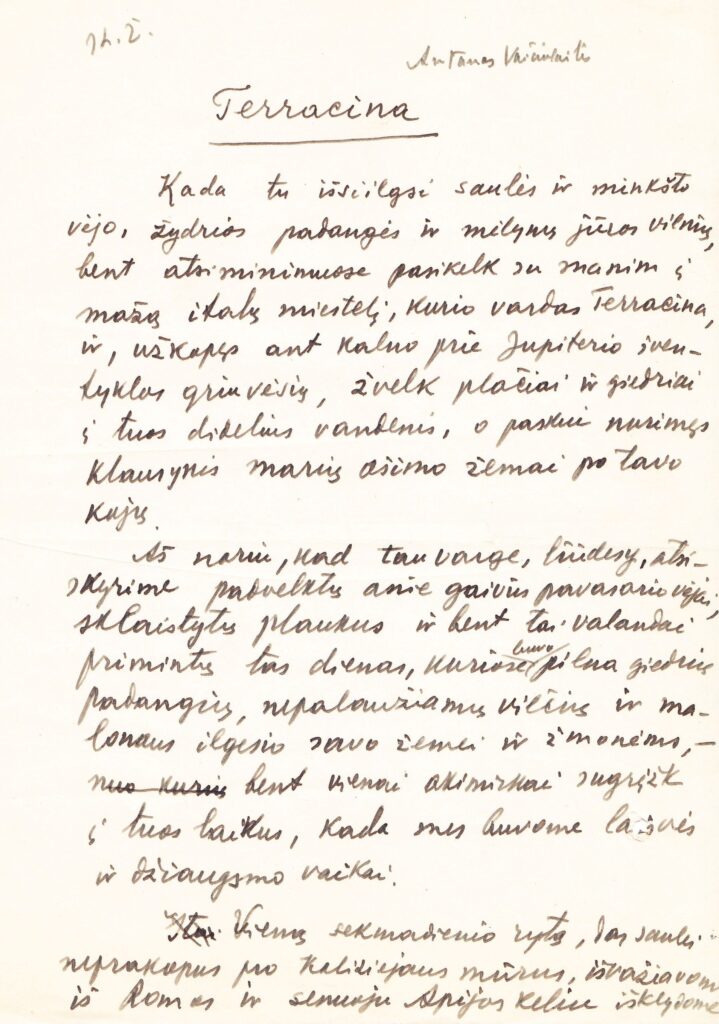 A. Vaičiulaičio novelė Terracina, skelbta knygoje Italijos vaizdai. GEK 65231