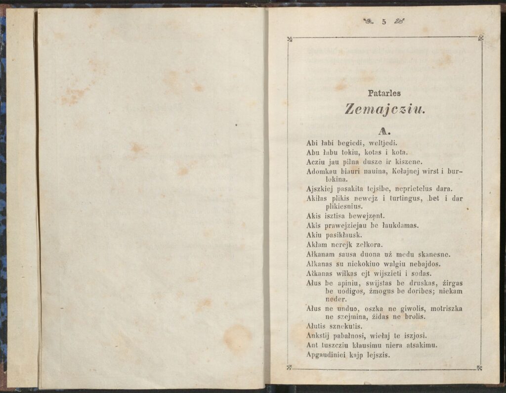 M. Valančius. Patarles zemajcziu. Tilžė, 1867 m. MLLM 29267