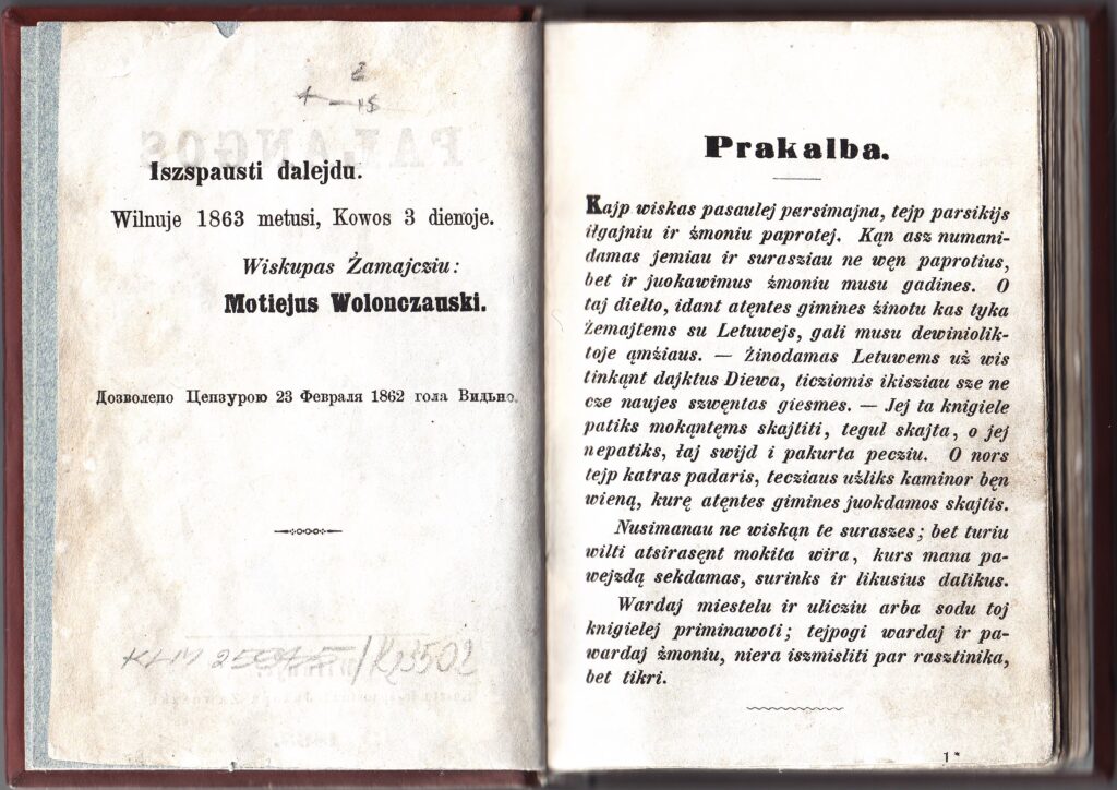 M. Valančius. Palangos Juzė. Vilnius, 1863 m. Prakalba. Kontrafakcinis leidinys, tikrieji leidimo duomenys: Tilžė, 1882 m. MLLM 25985