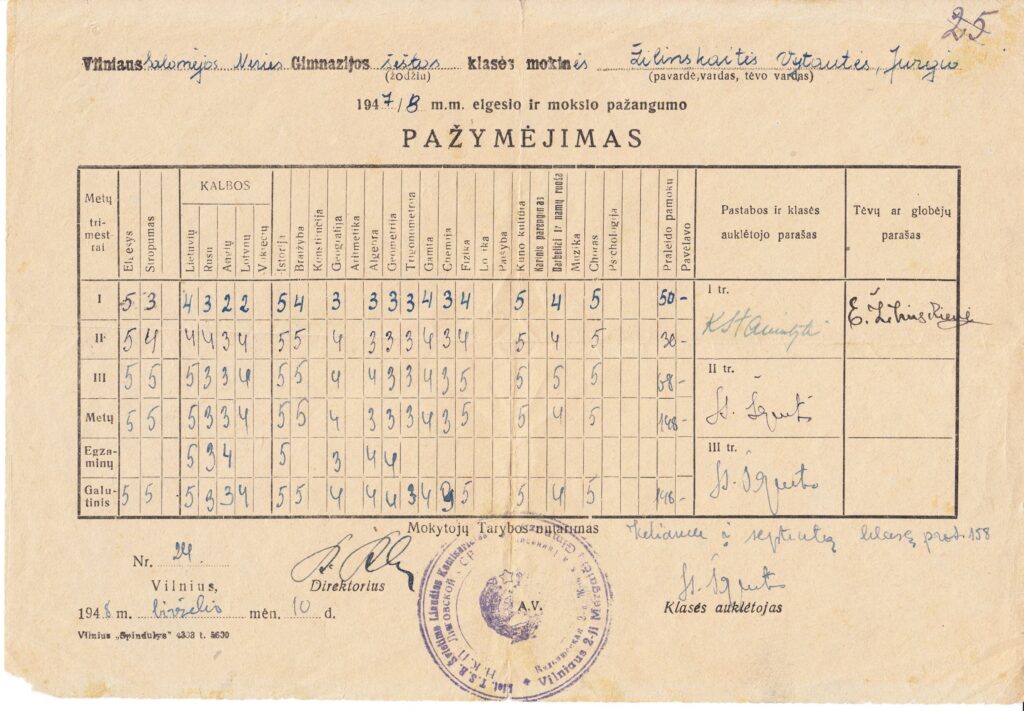 Vilniaus S. Nėries gimnazijos šeštos klasės mokinės V. Žilinskaitės 1947/8 m. m. elgesio ir mokslo pažangumo pažymėjimas. 1948-06-10. MLLM D 811