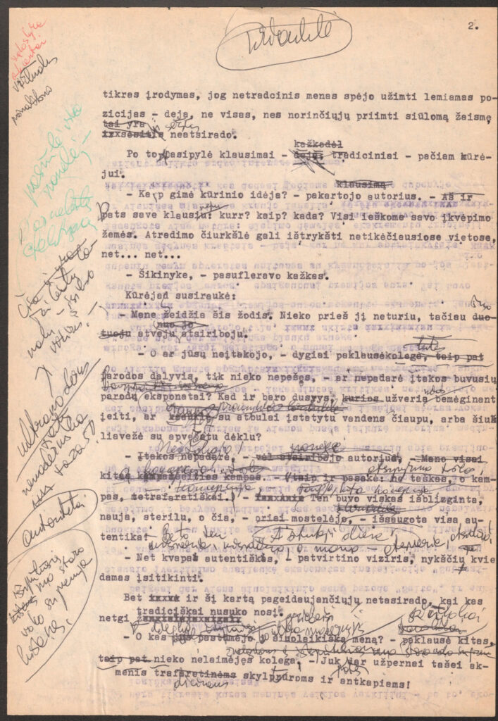 V. Žilinskaitės humoreskos „Subcepcija arba „Žaismė žaismėje“ mašinraštis su taisymais. Galėjo būti sukurtas tarp 1960 ir 1985 m. 2000 m. humoreska pavadinimu „Žaismė žaismėje“ buvo publikuota V. Žilinskaitės knygoje „Kas atsitiko“. MLLM R2 10278
