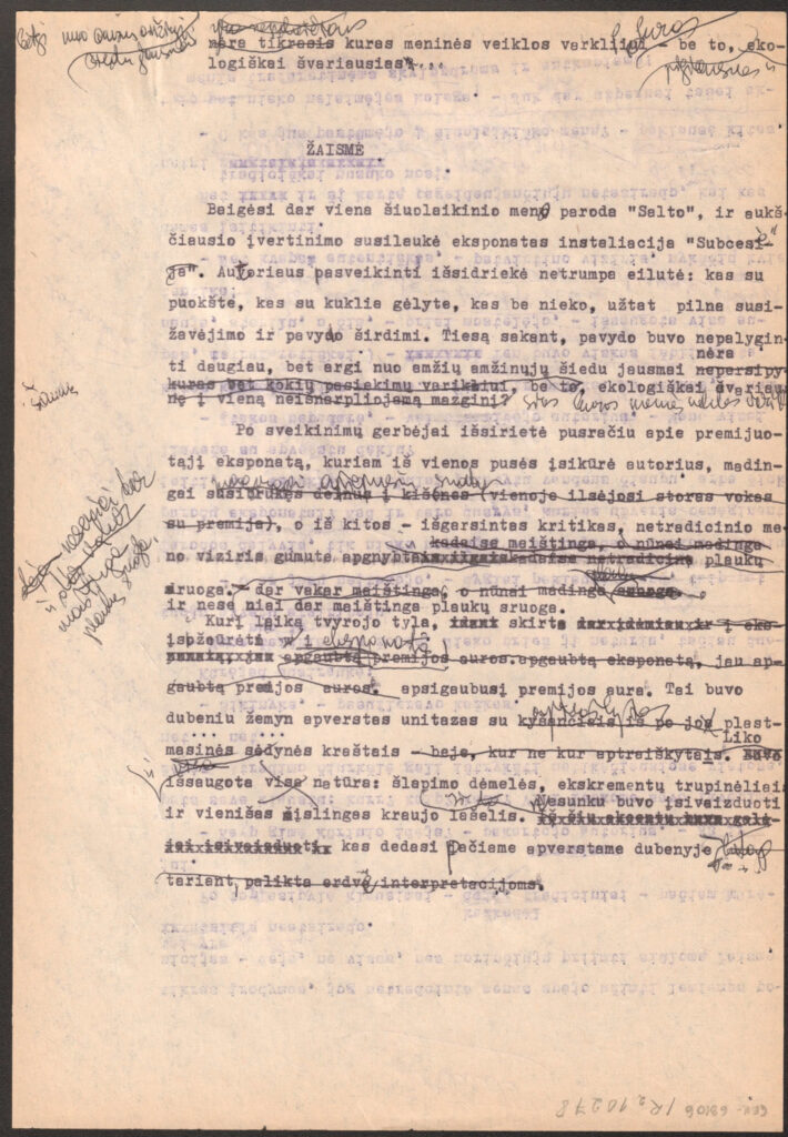 V. Žilinskaitės humoreskos „Subcepcija arba „Žaismė žaismėje“ mašinraštis su taisymais. Galėjo būti sukurtas tarp 1960 ir 1985 m. 2000 m. humoreska pavadinimu „Žaismė žaismėje“ buvo publikuota V. Žilinskaitės knygoje „Kas atsitiko“. MLLM R2 10278