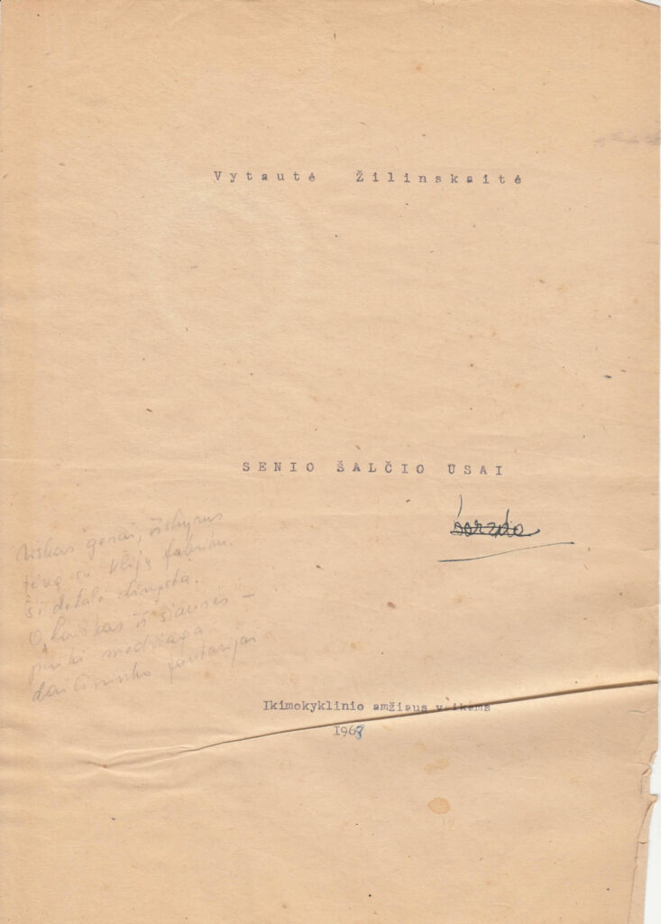 V. Žilinskaitės apsakymų „Senio Šalčio ūsai“ mašinraštis-rankraštis su taisymais ir redaktorės E. Vildžiūnienės pastabomis. 1968 m. MLLM R2 10225