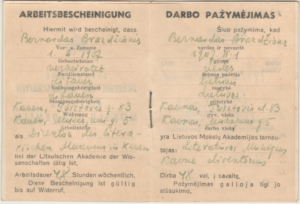 B. Brazdžionio darbo Maironio lietuvių literatūros muziejuje pažymėjimas. Vilnius, 1942 m. gegužės 7 d.
