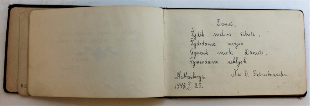 Atminimų albumėlis su D. Brazytės draugų linkėjimais ir piešiniais. Veiveriai, Kaselis, Vysbadenas. 1944–1949 m. MLLM_138950
