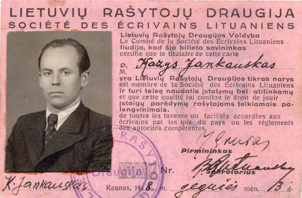 Kazio Jankausko Lietuvių rašytojų draugijos bilietas, išduotas 1938 m. MLLM 20203