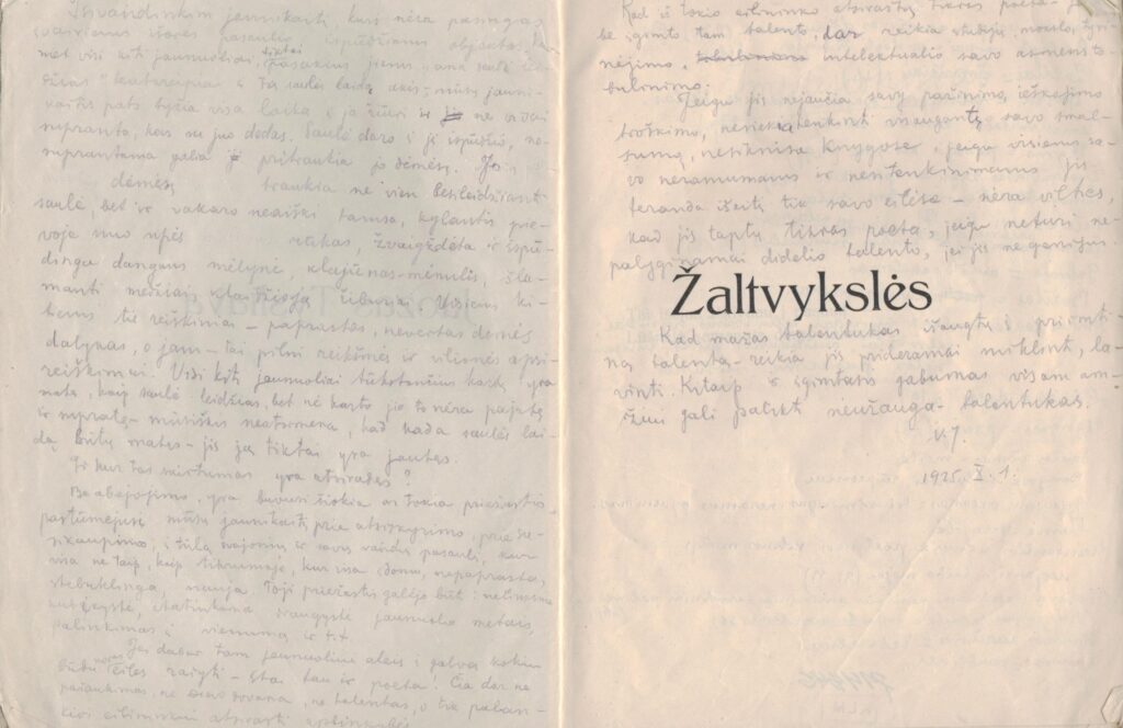J. Tysliava. Žaltvykslės. Klaipėda. 1922 m. (Su V. Jocaičio pastabomis). MLLM P14846