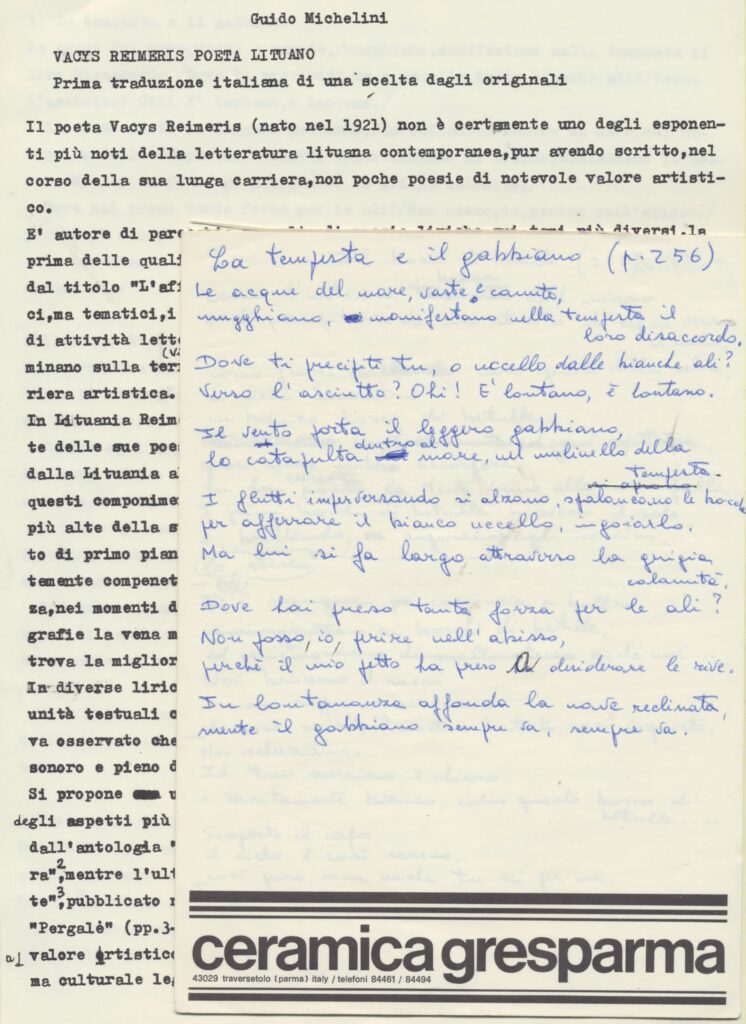 V. Reimerio kūryba versta į kitas kalbas. Hum. m. dr. G. Michelini vertimas į italų k.