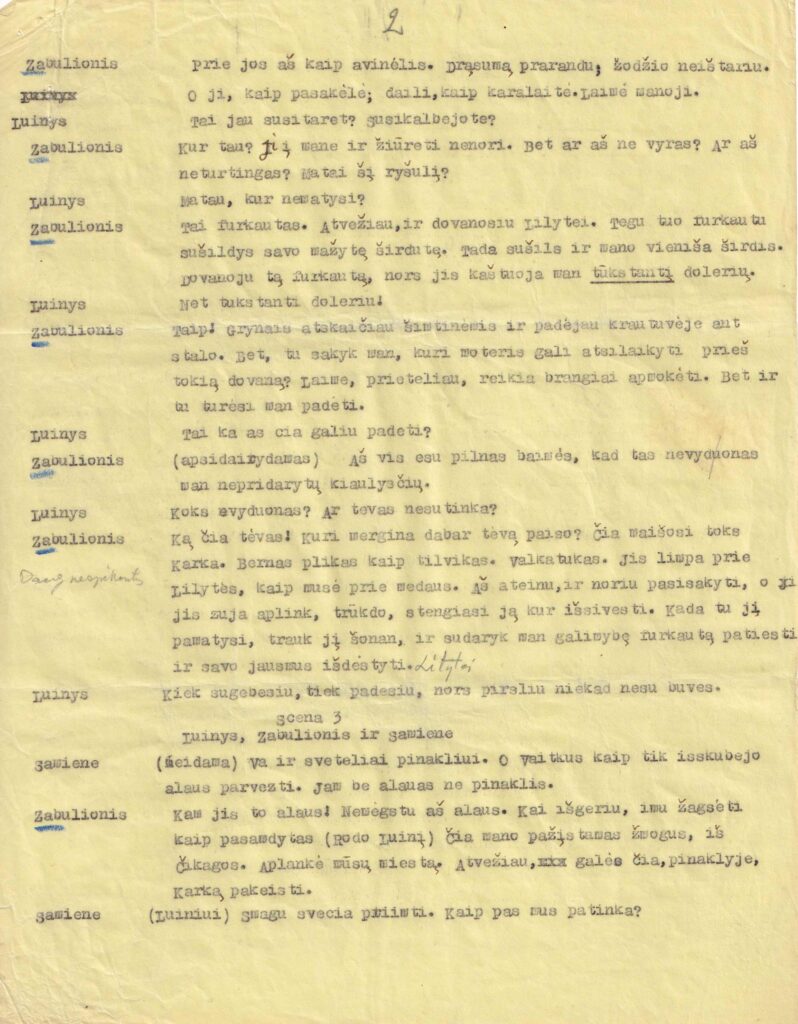 J. Gliaudos vieno veiksmo komedijos „Meilės pinaklis“ fragmentas. JAV, apie 1959 m. MLLM 7430