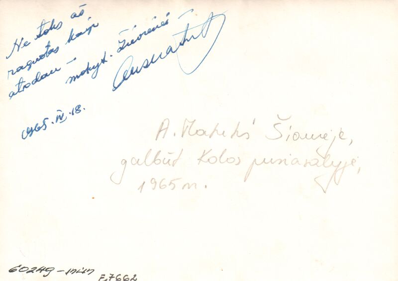 A. Matučio įrašas kitoje nuotraukos pusėje. 1965-04-18. MLLM GEK 60249