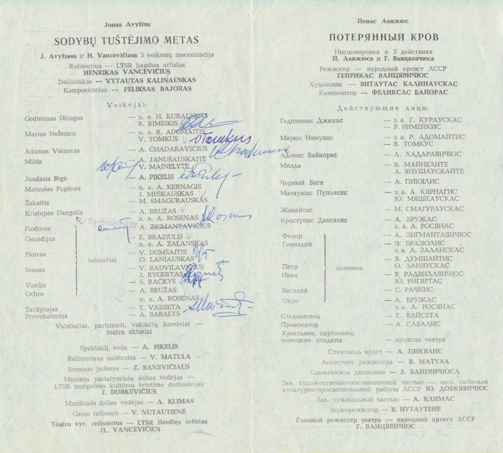 Spektaklio lankstukas. „Sodybų tuštėjimo metas“ sulaukė ne tik skaitytojų, bet ir teatro bei kino režisierių dėmesio bei pastatymų. 1976 m. rugsėjis. MLLM P5252
