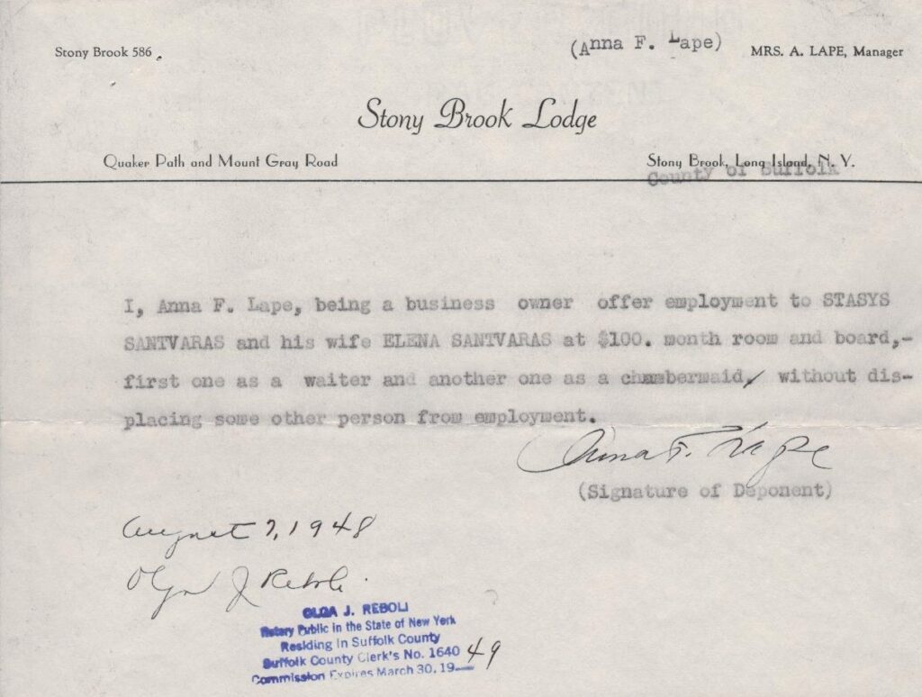 P. Lapienės pažyma dėl apgyvendinimo ir darbo suteikimo Santvarų šeimai Amerikoje. 1948 m. MLLM 116305