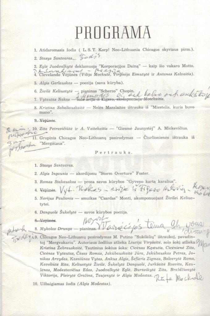Lietuvos studentų tautininkų korporacijos Neo-Lithuania talentų vakaro programa su S. Santvaro įrašais. Čikaga. 1966 m. MLLM 116307