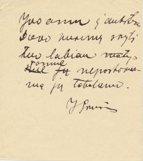 J. Grušo aforizmas „Juo einu į aukštesnę Dievo kūrinių sritį…“ apie Dievo kūrinijos netobulumą. Lietuva, 1925–1930 m. MLLM JGM 5212