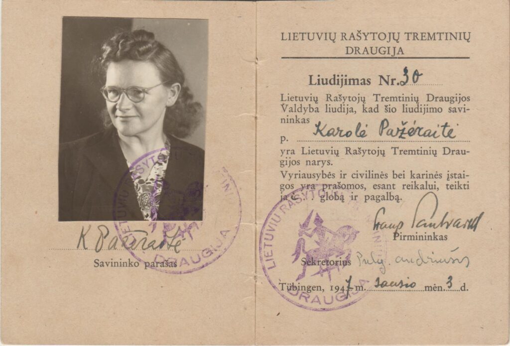 K. Pažėraitės Lietuvių rašytojų tremtinių draugijos liudijimas. Tiubingenas, 1947-01-03. MLLM 132826
