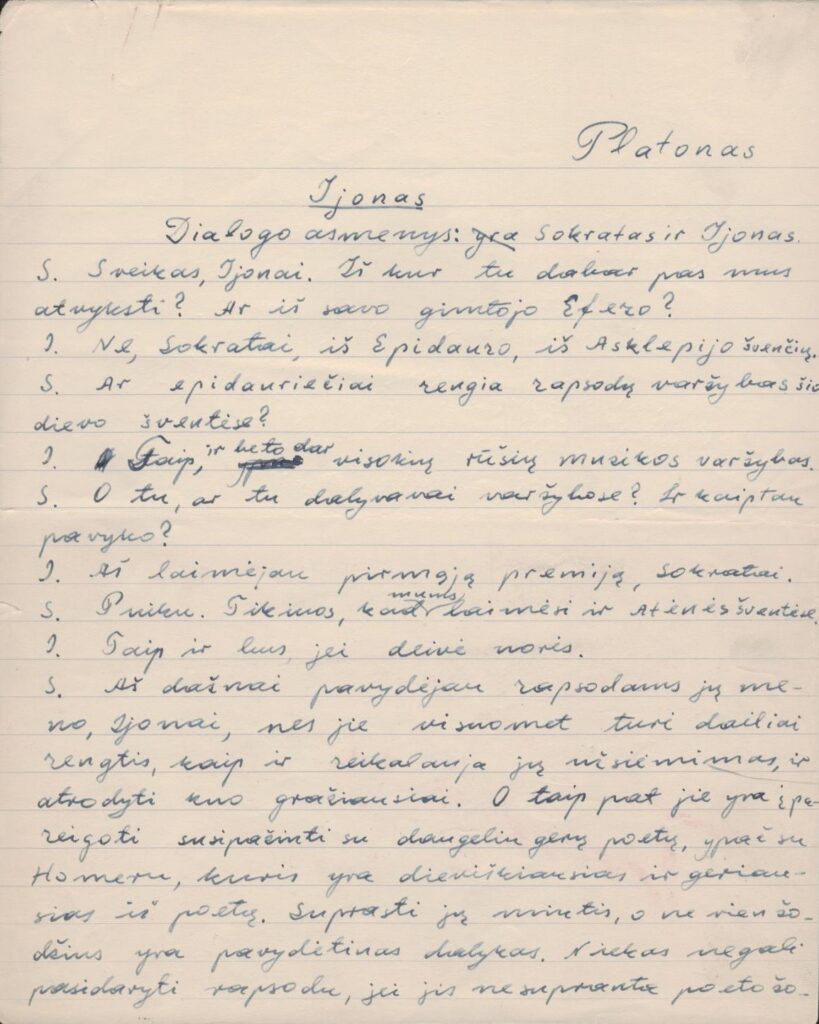 J. Tininio verstas Platono filosofinis tekstas „Ijonas“. Apie 1952 m. GEK73940