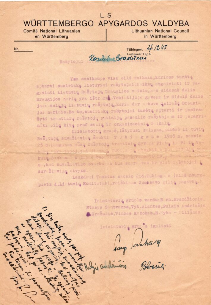 S. Santvaro laiškas K. Bradūnui su P. Andriušio parašu. Tiubingenas, 1945 m. gruodžio 17 d. MLLM 125411