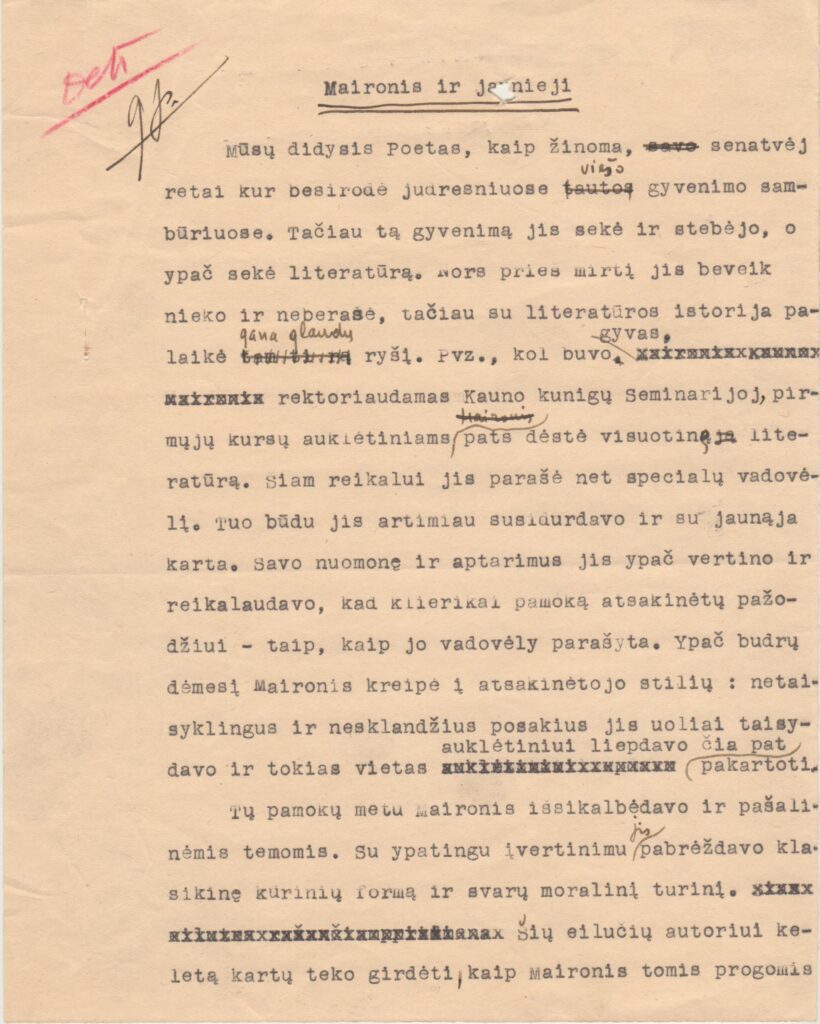 S. Būdavo mašinraštis „Maironis ir jaunieji”. Apie 1941 m. MLLM 12837