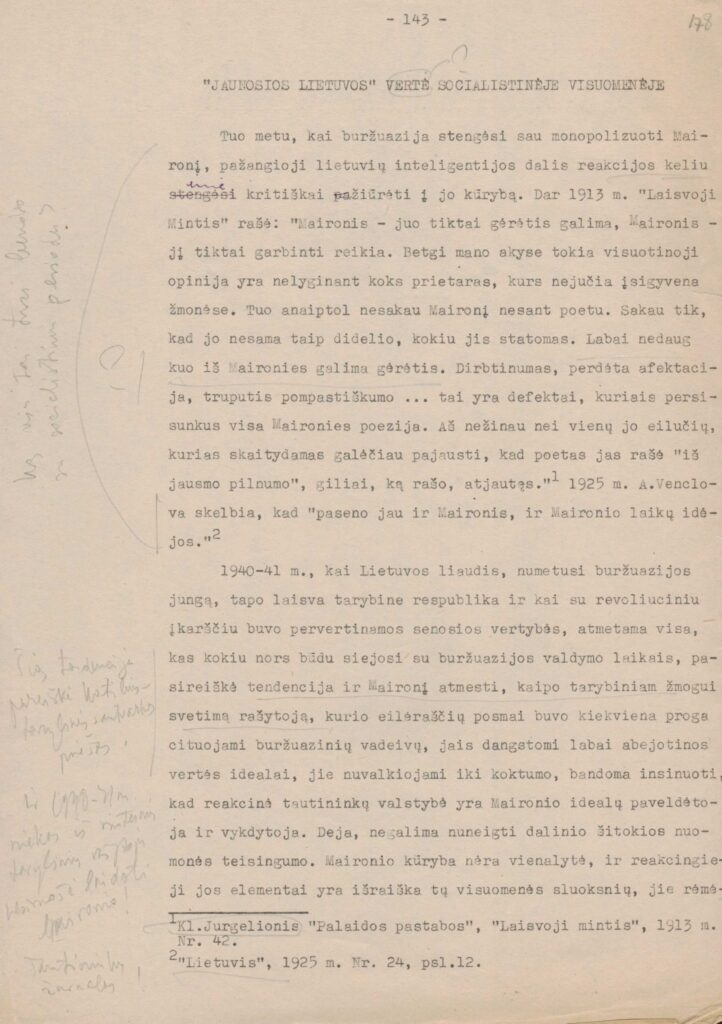 V. Zaborskaitės neapgintos disertacijos „Maironio „Jaunoji Lietuva“ fragmentas. 1950 m. MLLM 77938/R2 6794