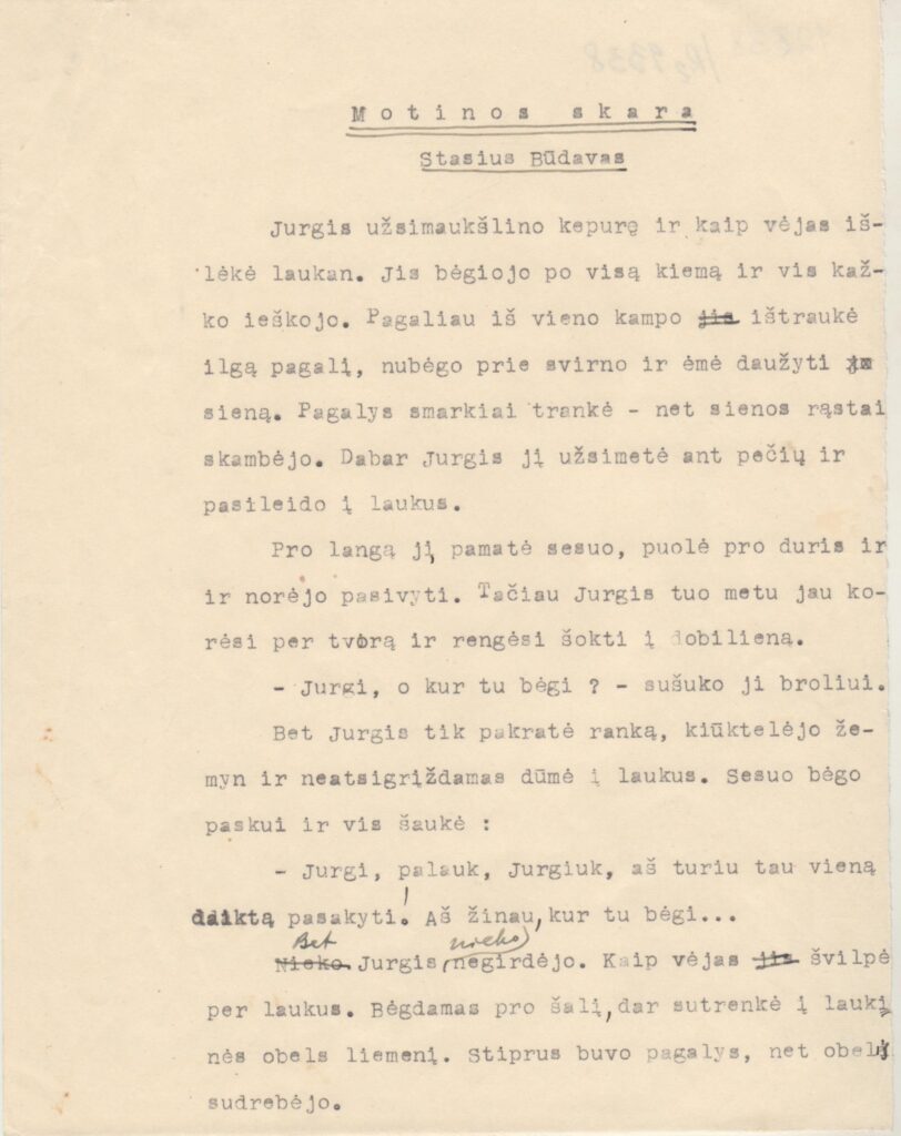 S. Būdavo mašinraštis „Motinos skara”. MLLM 12838