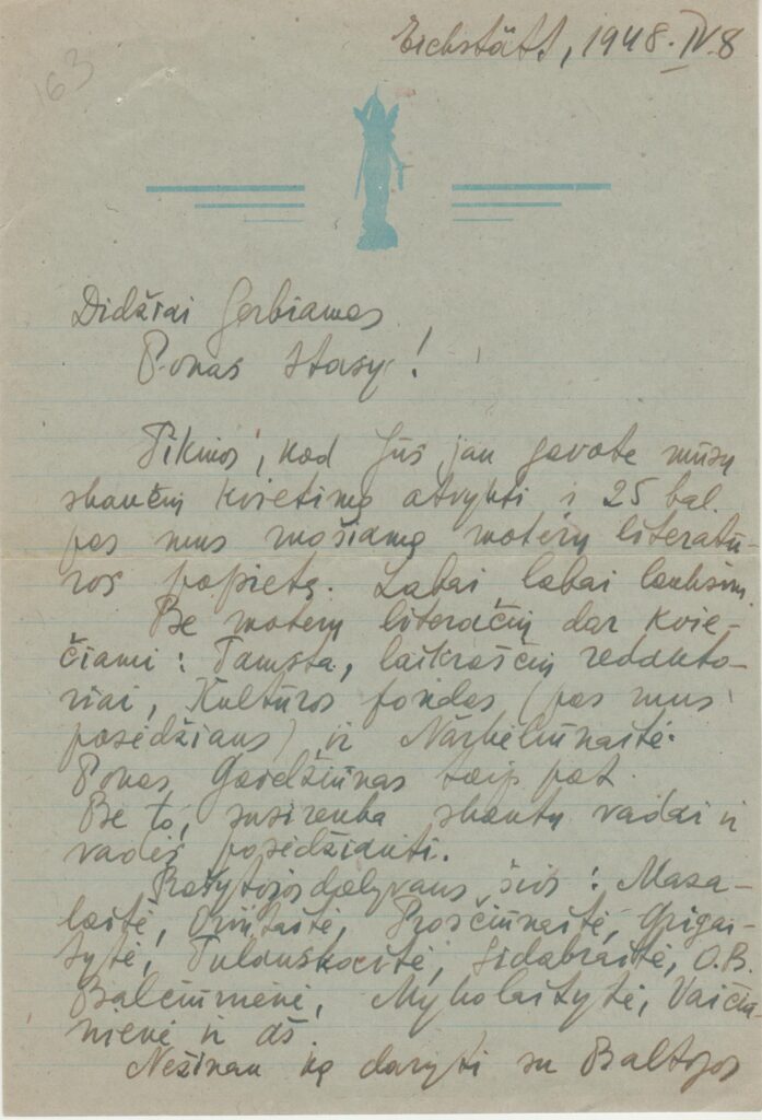 K. Pažėraitės ranka rašytas laiškas S. Santvarui. Eichstätt, 1948-06-8. MLLM 50185
