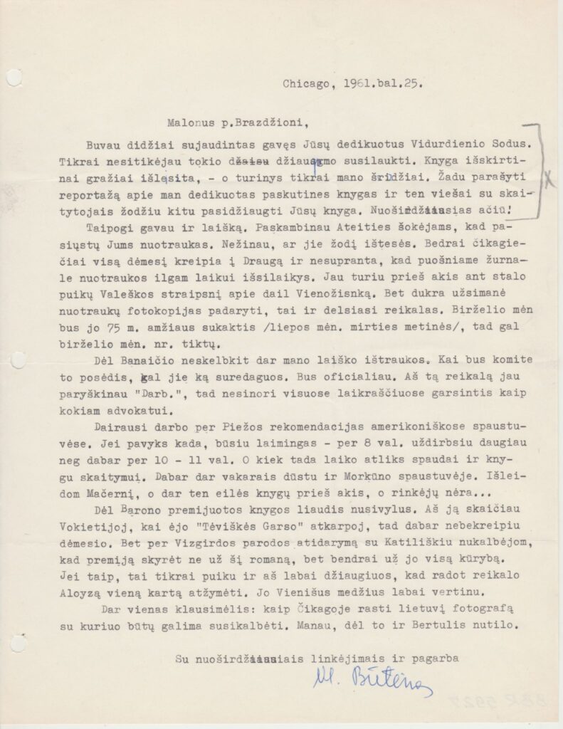 V. Būtėno laiškas Bern. Brazdžioniui. Čikaga, 1961-04-25. BBR 5927