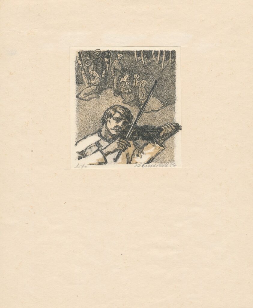 Mykoliukas – „Sodžiaus artistas“. Irenos Žemaitytės-Geniušienės iliustracija Vaižganto apysakai „Dėdės ir dėdienės“. 1983 m. MLLM 26018