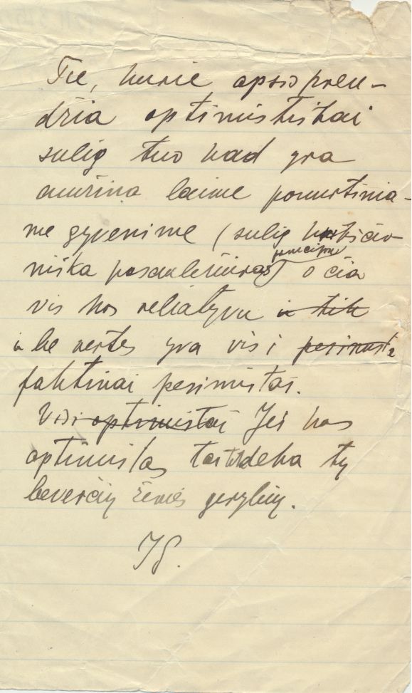 J. Grušo aforizmas „Tie, kurie apsisprendžia…“ apie optimizmo prigimtį. Lietuva, 1925–1930 m. MLLM JGM 5150